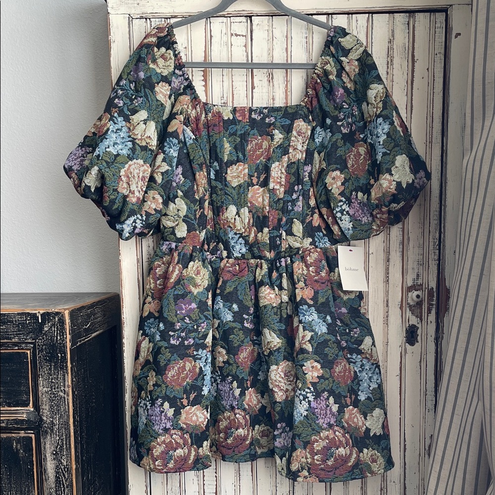 Bohme Size XL Floral Puff-Sleeve Mini Dress